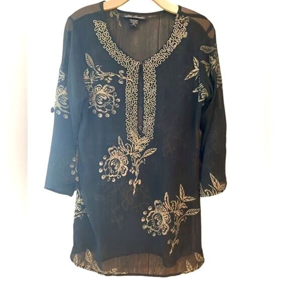 Silk Theads Sz S Black Heavy Gold Beaded Collar Metallic Roses Design Tunic Top - Picture 1 of 6